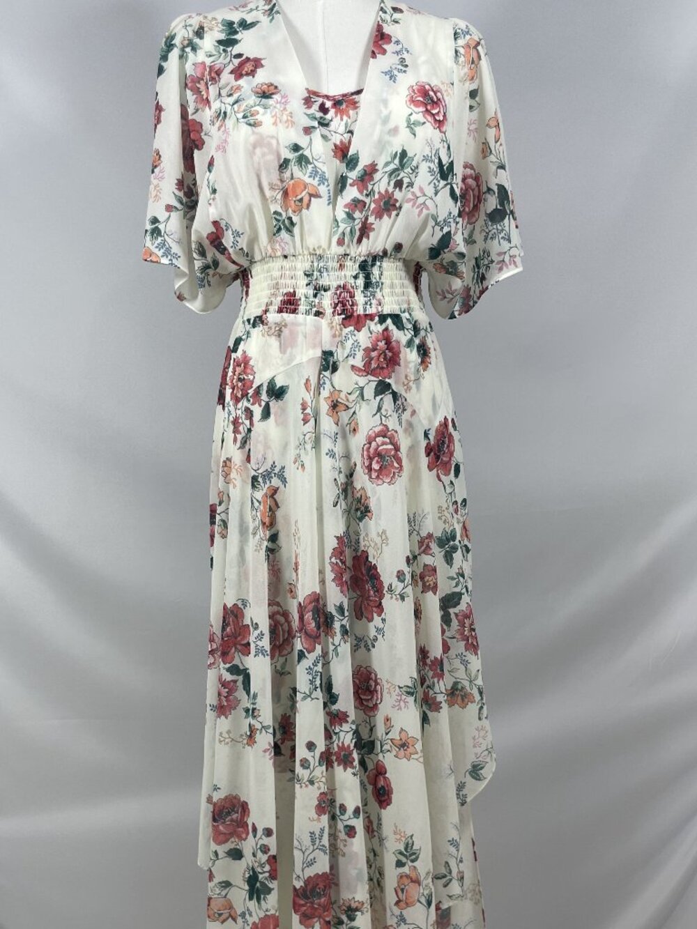 Maje Rachelle Asymmetric Hem White Red Floral Chiffon Maxi Dress Size 3/US 8-10